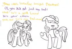 Size: 985x683 | Tagged: safe, artist:ponygoggles, derpibooru import, applejack, braeburn, rarity, pony, applecest, black and white, braejack, cousin incest, female, grayscale, incest, male, mean girls, monochrome, punctuation error, shipping, straight