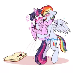 Size: 1000x1000 | Tagged: safe, artist:tylerdashart, derpibooru import, rainbow dash, twilight sparkle, twilight sparkle (alicorn), alicorn, insect, ladybug, pegasus, pony, starlight the hypnotist, spoiler:interseason shorts, blushing, book, bridal carry, carrying, coccinellidaephobia, female, floppy ears, heart, heart hoof, holding a pony, lesbian, love, mare, scared, shipping, twidash, twilight hates ladybugs, underhoof