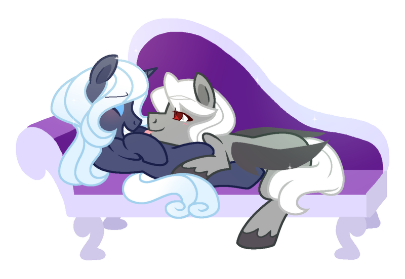 Size: 1450x1000 | Tagged: safe, artist:yokokinawa, derpibooru import, oc, oc:dracula, oc:melody diamond, pony, unicorn, vampire, vampony, couch, cuddling, female, furniture, male, red eyes, simple background, smiling, straight, tongue out, white background