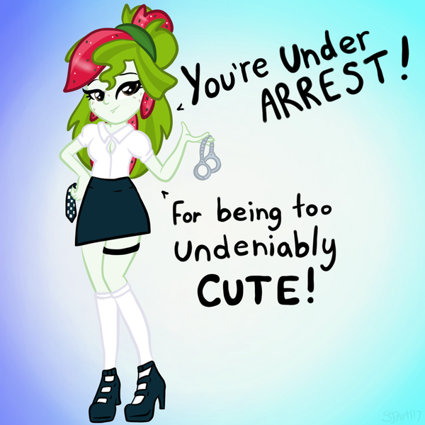 Size: 2100x2100 | Tagged: suggestive, artist:sjart117, derpibooru import, oc, oc:watermelana, unofficial characters only, human, equestria girls, bedroom eyes, breasts, clothes, female, flirting, freckles, garter, hand cuffs, high heels, lip bite, looking at you, miniskirt, necktie, police, police uniform, shirt, shoes, silly, skirt, smiling, socks, solo, speech, talking, thigh highs, uniform