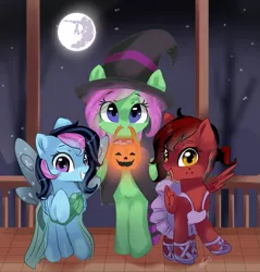 Size: 1055x1105 | Tagged: safe, artist:latia122, derpibooru import, oc, oc:candy sparklez, oc:scarlett wings, oc:zippy sparkz, unofficial characters only, fairy, pony, amber eyes, ballerina, blue eyes, candy, candy bag, clothes, costume, food, full moon, halloween, halloween costume, hat, holiday, mare in the moon, moon, mouth hold, night, night sky, nightmare night, nightmare night costume, porch, pumpkin bucket, purple eyes, sky, socks, starry night, starry sky, stars, trick or treat, witch costume, witch hat