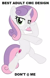 Size: 575x894 | Tagged: safe, artist:jhayarr23, derpibooru import, editor:thomasfan45, apple bloom, scootaloo, sweetie belle, pony, unicorn, growing up is hard to do, beautiful, bipedal, cute, cutie mark, cutie mark crusaders, diasweetes, don't @ me, female, mare, older, older sweetie belle, opinion, sexy, show accurate, simple background, solo, sweetie belle is best adult crusader, text, the cmc's cutie marks, vector, white background