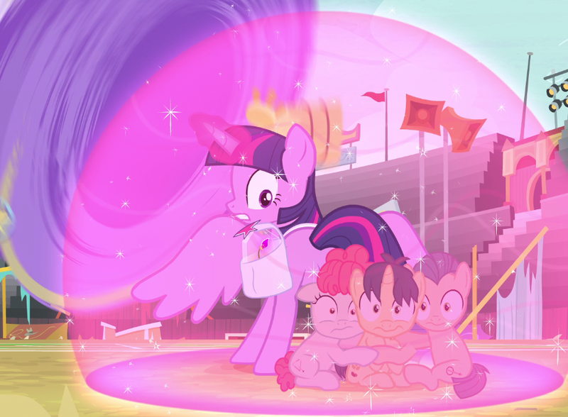 Size: 957x703 | Tagged: safe, derpibooru import, screencap, ballet jubilee, green sprout, twilight sparkle, twilight sparkle (alicorn), waltzer, alicorn, pony, growing up is hard to do, bag, colt, female, filly, foal, force field, male, saddle bag