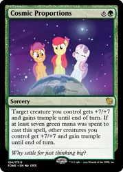 Size: 375x523 | Tagged: safe, derpibooru import, edit, edited screencap, screencap, apple bloom, scootaloo, sweetie belle, pony, growing up is hard to do, being big is all it takes, ccg, cutie mark crusaders, female, magic the gathering, mare, older, older apple bloom, older cmc, older scootaloo, older sweetie belle, planet, pony bigger than a planet, space, stars, trading card, trading card edit