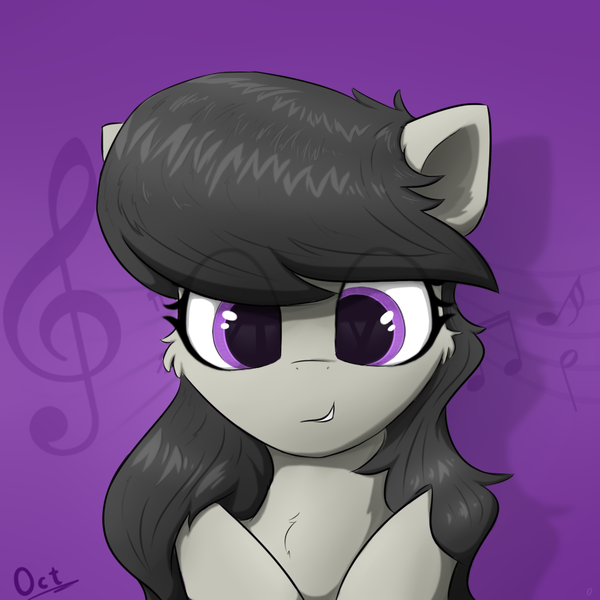 Size: 1024x1024 | Tagged: safe, artist:d.w.h.cn, derpibooru import, octavia melody, earth pony, pony, bust, cheek fluff, chest fluff, cute, eye clipping through hair, female, mare, music notes, portrait, purple background, simple background, smiling, solo, tavibetes