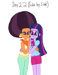 Size: 2000x2550 | Tagged: safe, artist:bigpurplemuppet99, derpibooru import, saffron masala, twilight sparkle, equestria girls, 30 day otp challenge, afro, equestria girls-ified, female, lesbian, shipping, side by side, twiffron