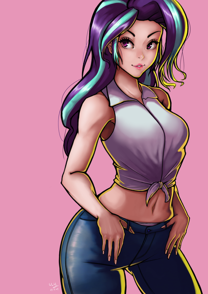 Size: 848x1200 | Tagged: artist:the-park, belly button, clothes, derpibooru import, female, front knot midriff, human, humanized, jeans, midriff, pants, pink background, safe, simple background, solo, standing, starlight glimmer, underwear