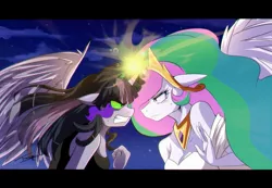 Size: 1535x1063 | Tagged: alicorn, anthro, artist:traupa, clothes, confrontation, derpibooru import, digital art, evil, fake, faker than a three dollar bill, female, fight, gritted teeth, looking at each other, princess celestia, safe, sombra eyes, twilight is anakin, twilight sparkle, twilight sparkle (alicorn)