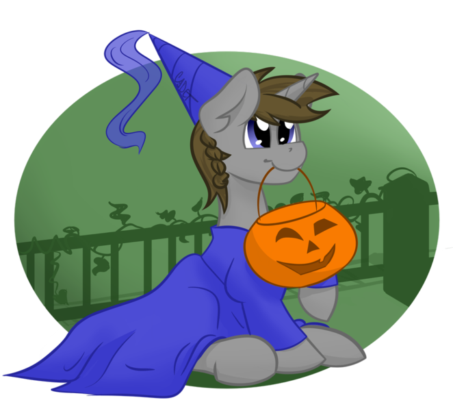 Size: 939x851 | Tagged: safe, artist:cadetredshirt, derpibooru import, oc, oc:disty dusk, unofficial characters only, pony, unicorn, braid, clothes, commission, costume, crossdressing, ear fluff, halloween, halloween costume, hat, holiday, male, mouth hold, princess costume, pumpkin, pumpkin bucket, raised hoof, simple background, sitting, solo, stallion, transparent background, trick or treat, trick or treating, ych result