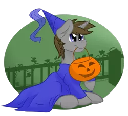 Size: 939x851 | Tagged: safe, artist:cadetredshirt, derpibooru import, oc, oc:disty dusk, unofficial characters only, pony, unicorn, braid, clothes, commission, costume, crossdressing, ear fluff, halloween, halloween costume, hat, holiday, male, mouth hold, princess costume, pumpkin, pumpkin bucket, raised hoof, simple background, sitting, solo, stallion, transparent background, trick or treat, trick or treating, ych result