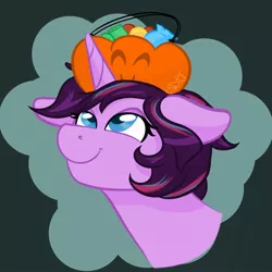 Size: 894x894 | Tagged: safe, artist:cadetredshirt, derpibooru import, oc, oc:cosmic melody, unofficial characters only, pony, unicorn, candy, commission, ear fluff, female, food, highlights, horn, looking up, mare, pumpkin, pumpkin bucket, simple background, smiling, solo, transparent background, ych example, ych result, your character here