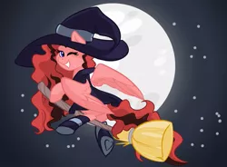 Size: 1043x766 | Tagged: safe, artist:cadetredshirt, derpibooru import, oc, unofficial characters only, pegasus, pony, broom, clothes, commission, costume, dress, flying, flying broomstick, full moon, halloween, halloween costume, hat, holiday, looking at you, moon, night, nightmare night, nightmare night costume, one eye closed, smiling, socks, solo, stars, striped socks, two toned mane, two toned tail, wink, witch, witch costume, witch hat, ych example, ych result, your character here