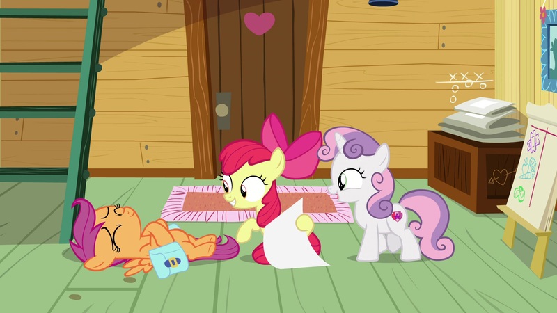 Size: 1920x1080 | Tagged: safe, derpibooru import, screencap, apple bloom, scootaloo, sweetie belle, pony, growing up is hard to do, bag, clubhouse, crusaders clubhouse, cutie mark crusaders, ladder, on back, saddle bag