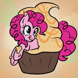 Size: 2100x2100 | Tagged: safe, artist:sjart117, derpibooru import, pinkie pie, earth pony, pony, autumn, cake, cupcake, food, frosting, leaves, licking, licking lips, looking up, ponies in food, solo, tongue out