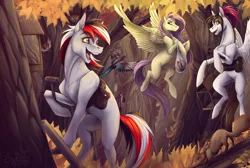 Size: 1486x1000 | Tagged: safe, artist:sunny way, derpibooru import, fluttershy, oc, oc:rifey, oc:sunny way, bird, earth pony, magpie, pegasus, pony, squirrel, tit (bird), titmouse, autumn, autumn forest, bullfinch, competition, fanart, feather, feeder, female, foliage, food, forest, hammer, happy, mare, missing cutie mark, open mouth, rcf community, tree, waxwings, woodpecker