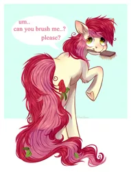 Size: 1648x2160 | Tagged: safe, artist:djkaskan, derpibooru import, roseluck, earth pony, pony, brush, collar, cute, dialogue, female, fluffy, hairbrush, looking at you, looking back, looking back at you, mare, messy mane, messy tail, mouth hold, pony pet, raised hoof, rear view, rosepet, solo, speech bubble, text