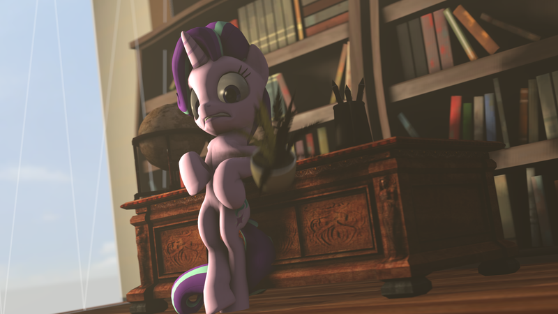 Size: 1920x1080 | Tagged: safe, artist:rainbowdashsnipers, derpibooru import, starlight glimmer, pony, a horse shoe-in, 3d, bipedal, bipedal leaning, book, bookshelf, globe, leaning, plant, solo