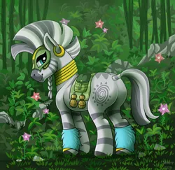 Size: 1500x1458 | Tagged: alternate timeline, artist:jenery, butt, chrysalis resistance timeline, derpibooru import, featureless crotch, flower, jungle, looking at you, looking back, looking back at you, plot, resistance leader zecora, safe, signature, smiling, solo, zebra, zecora, zecorass