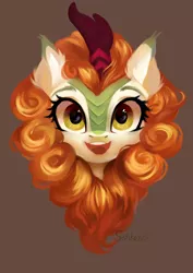 Size: 5209x7367 | Tagged: artist:sofiko-ko, autumn blaze, awwtumn blaze, brown background, bust, cute, derpibooru import, ear fluff, female, kirin, looking at you, open mouth, portrait, safe, simple background, smiling, solo