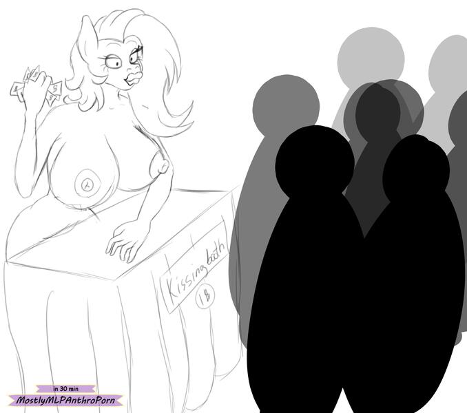 Size: 2441x2160 | Tagged: questionable, artist:mostlymlpanthroporn, derpibooru import, oc, oc:moniker, unofficial characters only, anthro, 30 minute art challenge, big breasts, big lips, bimbo, breasts, huge breasts, kissing booth, lips, monochrome, nipples, no tail, nudity, silhouette