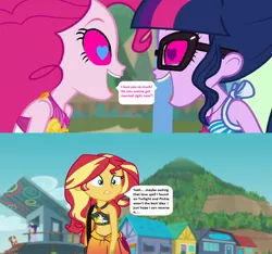Size: 1160x1086 | Tagged: safe, derpibooru import, edit, edited screencap, editor:thomasfan45, screencap, pinkie pie, sci-twi, sunset shimmer, twilight sparkle, equestria girls, equestria girls series, forgotten friendship, friendship math, 1000 hours in ms paint, comic, excited, female, geode of empathy, geode of sugar bombs, geode of telekinesis, heart eyes, hypno eyes, lesbian, love spell, magical geodes, mind control, shipping, solo, speech bubble, story included, twinkie, wingding eyes