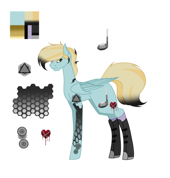 Size: 6200x6496 | Tagged: safe, artist:moonlight0shadow0, derpibooru import, oc, oc:thunder rock, unofficial characters only, pegasus, pony, icey-verse, absurd resolution, boots, clothes, ear piercing, earring, female, jewelry, magical lesbian spawn, mare, offspring, parent:lightning dust, parent:limestone pie, parents:limedust, piercing, redesign, reference sheet, shoes, simple background, socks, solo, tattoo, transparent background