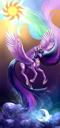 Size: 4630x9824 | Tagged: safe, artist:shu-jeantte, derpibooru import, princess twilight 2.0, twilight sparkle, twilight sparkle (alicorn), alicorn, pony, the last problem, absurd file size, absurd resolution, constellation, crown, cutie mark, ethereal mane, hoof shoes, impossibly long mane, jewelry, long mane, moon, necklace, regalia, solo, sun, tiara, ultimate twilight
