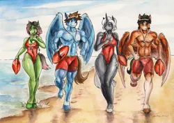 Size: 3407x2432 | Tagged: safe, artist:souleatersaku90, derpibooru import, oc, oc:aerye, oc:buckshot, oc:caliente azucar-miel, oc:margarite mix, unofficial characters only, anthro, earth pony, pegasus, unguligrade anthro, unicorn, anthro oc, baywatch, breasts, clothes, commission, crotch bulge, gift art, lifeguard, one-piece swimsuit, running, smiling, swimming trunks, swimsuit, traditional art