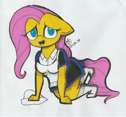 Size: 4958x4599 | Tagged: anthro, artist:supersebacx, cleaning, clothes, color, derpibooru import, fluttershy, maid, safe, sharpie, socks, solo, traditional art