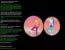 Size: 1001x767 | Tagged: safe, derpibooru import, edit, editor:thomasfan45, screencap, rainbow dash, sunset shimmer, equestria girls, equestria girls series, wake up!, spoiler:eqg series (season 2), 1000 hours in ms paint, barefoot, binoculars, cia, cute, description is relevant, feet, offscreen character, pop culture, reference, solo, story included, text, wake up!: rainbow dash, yoga