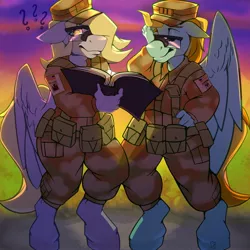 Size: 2048x2048 | Tagged: anthro, army, artist:sintacle, book, derpibooru import, derpy hooves, duo, duo female, female, glasses, hat, lidded eyes, lightning dust, looking at you, pegasus, safe, smiling, soldier, unguligrade anthro