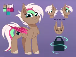 Size: 2800x2100 | Tagged: safe, artist:thegamblehorse, deleted from derpibooru, derpibooru import, oc, oc:data breach, unofficial characters only, bat pony, pony, bat pony oc, bat wings, blue eyes, chest fluff, cute, cute little fangs, fangs, female, mare, markings, ocbetes, pink wings, reference sheet, solo, wings