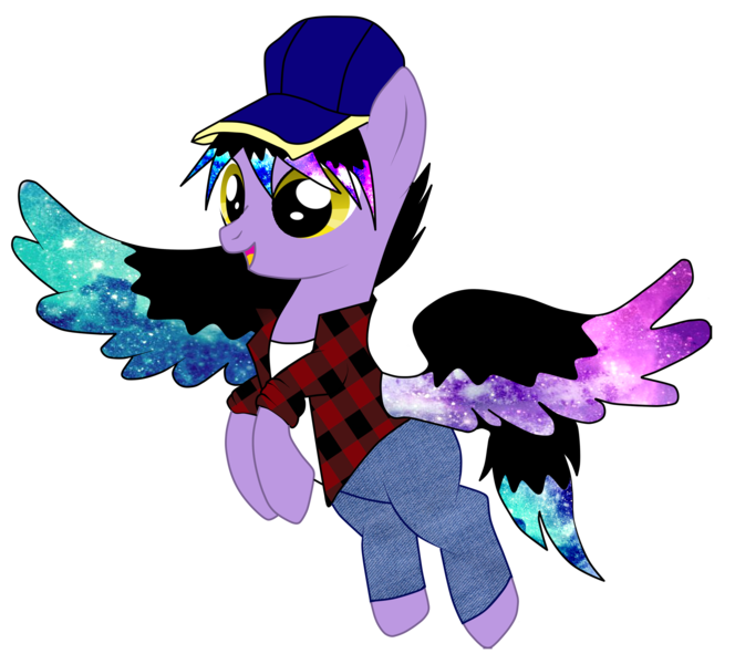 Size: 2531x2287 | Tagged: safe, artist:loyalrainbowdash7, derpibooru import, oc, oc:drift-star, unofficial characters only, pegasus, pony, baseball cap, cap, clothes, ethereal mane, female, flannel, flying, hat, jeans, mare, pants, raised hoof, shirt, solo, starry mane, starry wings, t-shirt, wings