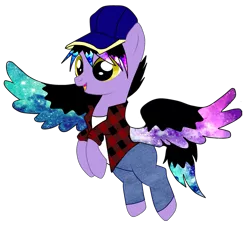 Size: 2531x2287 | Tagged: safe, artist:loyalrainbowdash7, derpibooru import, oc, oc:drift-star, unofficial characters only, pegasus, pony, baseball cap, cap, clothes, ethereal mane, female, flannel, flying, hat, jeans, mare, pants, raised hoof, shirt, solo, starry mane, starry wings, t-shirt, wings