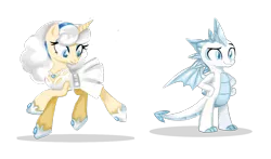 Size: 1247x734 | Tagged: safe, artist:lizzysketch, derpibooru import, oc, oc:glacier the dragon, oc:vintage weiss, unofficial characters only, dragon, pony, unicorn, beautiful, clothes, dress, eyeshadow, female, headband, hoof shoes, jewelry, makeup, male, mare, necklace, raised hoof, raised leg, simple background, skirt, transparent background