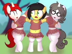 Size: 1600x1200 | Tagged: safe, artist:toyminator900, derpibooru import, oc, oc:silver draw, oc:solaria, oc:uppercute, unofficial characters only, earth pony, pony, unicorn, belly button, bipedal, cheerleader, cheerleader outfit, clothes, cute, female, freckles, glasses, mare, midriff, miniskirt, open mouth, pleated skirt, pom pom, ponytail, short shirt, shrunken pupils, skirt, smiling, socks, thigh highs, trio