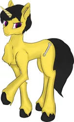 Size: 3011x4967 | Tagged: safe, artist:littlepony115, derpibooru import, oc, unofficial characters only, pony, unicorn, black hooves, chest fluff, cutie mark, ear fluff, fluffy, genderless, hoof fluff, horn, purple eyes, shoulder fluff, solo, unicorn oc, unshorn fetlocks, wrench, yellow coat