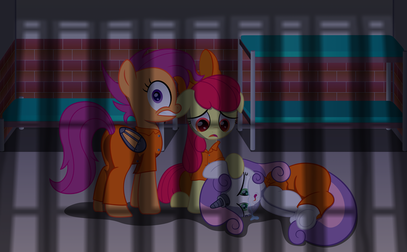 Size: 2423x1500 | Tagged: safe, artist:spellboundcanvas, derpibooru import, apple bloom, scootaloo, sweetie belle, pony, growing up is hard to do, bed, bound wings, bunk bed, clothes, crying, cute, cutie mark crusaders, diasweetes, horn, horn cap, magic suppression, older, older apple bloom, older scootaloo, older sweetie belle, prison, prison outfit, prisoner, scared, teary eyes, underhoof, wing cuffs, wings