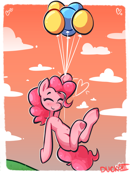 Size: 1224x1624 | Tagged: safe, artist:duckoiii, derpibooru import, pinkie pie, earth pony, pony, balloon, belly button, eyes closed, female, floating, flying, happy, mare, ride, smiling, solo, then watch her balloons lift her up to the sky