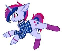 Size: 479x394 | Tagged: safe, artist:aestheticallylithi, derpibooru import, oc, oc:indigo hearts, unofficial characters only, pony, unicorn, bisexual pride flag, choker, clothes, flannel, male, pride, pride flag, raised hoof, raised leg, simple background, socks, solo, stallion, transparent background, wristband