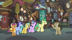 Size: 2100x1178 | Tagged: safe, derpibooru import, screencap, citrine spark, doctor whooves, fire quacker, huckleberry, november rain, smolder, starlight glimmer, time turner, dragon, earth pony, pegasus, pony, unicorn, a horse shoe-in, doctor whooves' lab, dragoness, female, flameless fireworks, friendship student, laboratory, magic, magic aura, male, mare, stallion, telekinesis