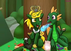 Size: 3322x2395 | Tagged: safe, artist:galacticham, derpibooru import, oc, oc:abigail the beloved skunk, oc:blaze the dragon, oc:prince ecosis, unofficial characters only, alicorn, dragon, pony, skunk, alicorn oc, animal, camping, food, horn, jewelry, marshmallow, regalia, s'mores, tent, wings