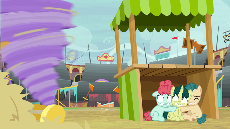 Size: 1920x1080 | Tagged: safe, derpibooru import, screencap, ballet jubilee, bloofy, green sprout, waltzer, pony, whirling mungtooth, growing up is hard to do, appleloosa, background pony, colt, cowering, eyes closed, female, filly, gritted teeth, hiding, male, rodeo, scared, tornado, vendor stall