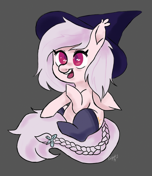 Size: 1200x1392 | Tagged: artist needed, safe, derpibooru import, oc, oc:shikaka, unofficial characters only, bat pony, pony, vampire bat pony, /mlp/, albino, bat pony oc, bat wings, bow, clothes, drawthread, ear tufts, hat, socks, solo, tail braid, wings, witch hat