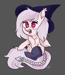 Size: 1200x1392 | Tagged: artist needed, safe, derpibooru import, oc, oc:shikaka, unofficial characters only, bat pony, pony, vampire bat pony, /mlp/, albino, bat pony oc, bat wings, bow, clothes, drawthread, ear tufts, hat, socks, solo, tail braid, wings, witch hat