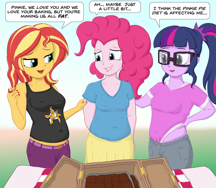 Size: 3197x2783 | Tagged: safe, artist:sybaris, derpibooru import, pinkie pie, sci-twi, sunset shimmer, twilight sparkle, equestria girls, brownies, chubbie pie, chubby, chubby sci-twi, chubby shimmer, chubby twilight, clothes, food, glasses, lidded eyes, midriff, outdoors, pants, picnic, plump, sheepish grin, weight gain