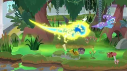 Size: 2000x1123 | Tagged: safe, derpibooru import, screencap, trixie, bee, flash bee, insect, pony, unicorn, a horse shoe-in, cape, cattails, clothes, female, hat, leaping, mare, mushroom, swamp, swarm, tree, trixie's cape, trixie's hat