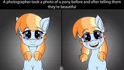 Size: 2500x1408 | Tagged: safe, artist:mranthony2, derpibooru import, oc, oc:aurelia coe, unofficial characters only, earth pony, pony, blushing, comic strip, cute, gradient background, happy, looking at you, sitting, smiling, smiling at you, solo