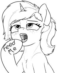 Size: 1055x1358 | Tagged: safe, artist:zippysqrl, derpibooru import, oc, oc:sign, unofficial characters only, pony, unicorn, body writing, bust, chest fluff, feed me, female, freckles, grayscale, hoof on chin, lidded eyes, monochrome, mute, open mouth, oral fixation, solo