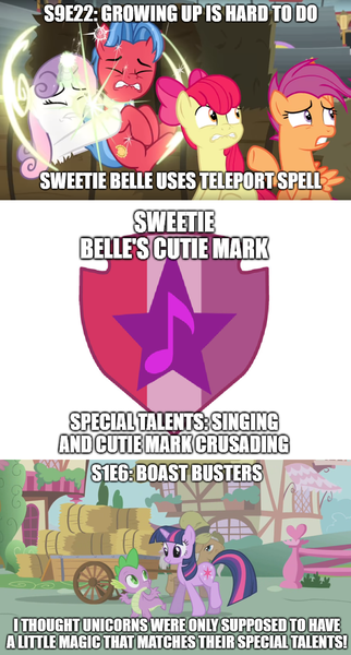 Size: 878x1636 | Tagged: safe, derpibooru import, edit, edited screencap, screencap, apple bloom, biscuit, mr. greenhooves, scootaloo, spike, sweetie belle, twilight sparkle, dragon, earth pony, pegasus, pony, unicorn, boast busters, growing up is hard to do, continuity error, cutie mark, cutie mark crusaders, meme, teleportation